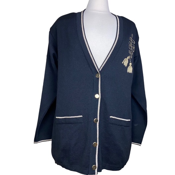 Vintage Talbots Black Wool Cardigan Sweater Gold Trim Sz Medium Made in Italy - Picture 2 of 6